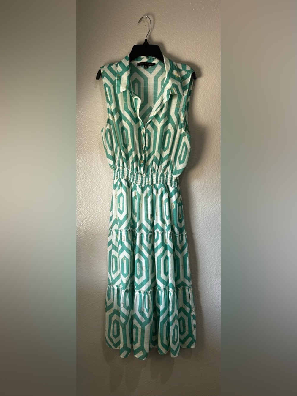 Alex & Parker Women’s Sleeveless Geo Pattern Mint Maxi Dress Tiered Sz XL Boho